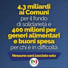 SOLIDARIETA’ ALIMENTARE: “4,3 miliardi ai Comuni e 400 milioni per aiuti alimentari”