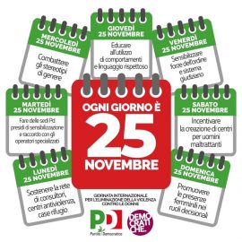 25 NOVEMBRE, GIORNATA MONDIALE CONTRO LA VIOLENZA SULLE DONNE: “Ogni giorno è il 25 novembre”