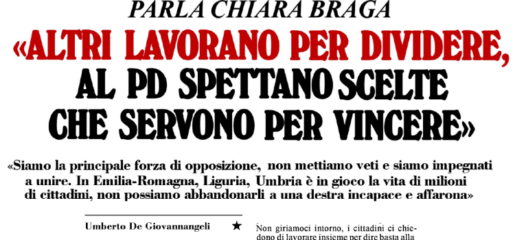 INTERVISTA A L’UNITA’: “Altri lavorano per dividere, il PD per unire e battere la destra”