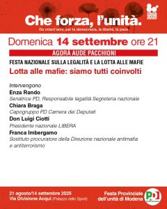 Festa de l'Unità provinciale di Modena: "LOTTA ALLE MAFIE: SIAMO TUTTI COINVOLTI" | ore 21:00 | Palazzo dello Sport, via Divisione Acqui | MODENA @ Palazzo dello Sport | Modena | Emilia-Romagna | Italia