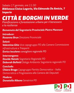 PD Liguria e PD Imperia: "CITTA' E BORGHI IN VERDE" | ore 11:30 | Biblioteca Civica Lagorio, via De Amicis, 7 | IMPERIA @ Biblioteca civica Lagorio | Sanremo | Liguria | Italia