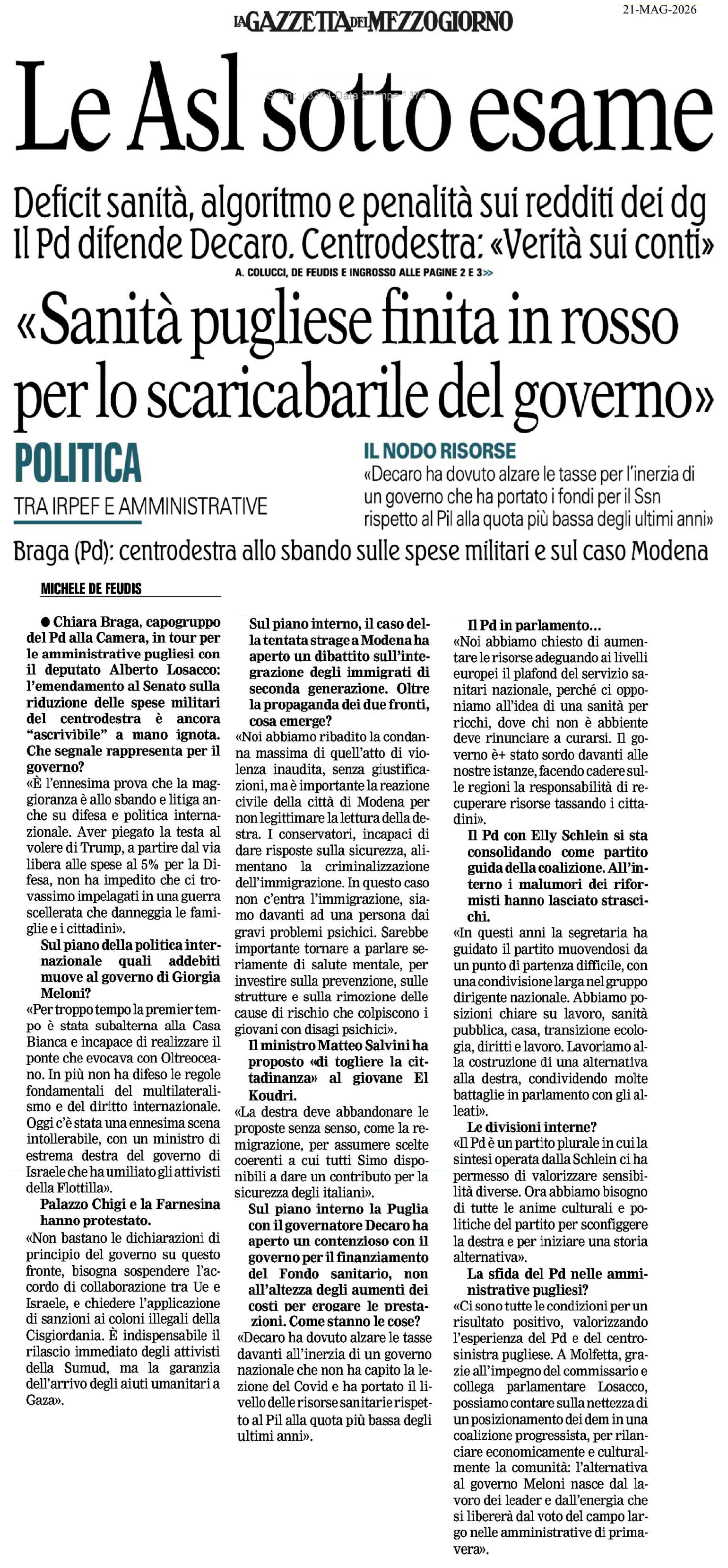INTERVISTA A ‘La GAZZETTA del MEZZOGIORNO’