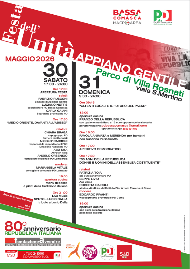 FESTA de L'UNITA' della BASSA COMASCA | Sabato 30 e Domenica 31 maggio | Area Feste di Villa Rosnati, via San Martino | APPIANO GENTILE @ Area Feste Villa Rosnati | Appiano Gentile | Lombardia | Italia