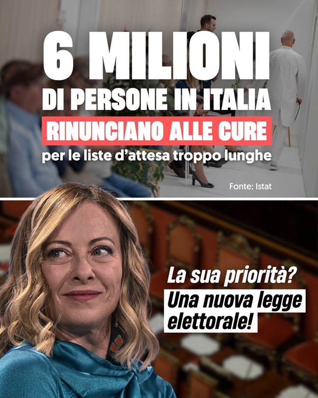 LEGGE ELETTORALE: “6 milioni rinunciano alle cure, salari sempre più bassi e carovita, ma Meloni pensa alla legge elettorale”