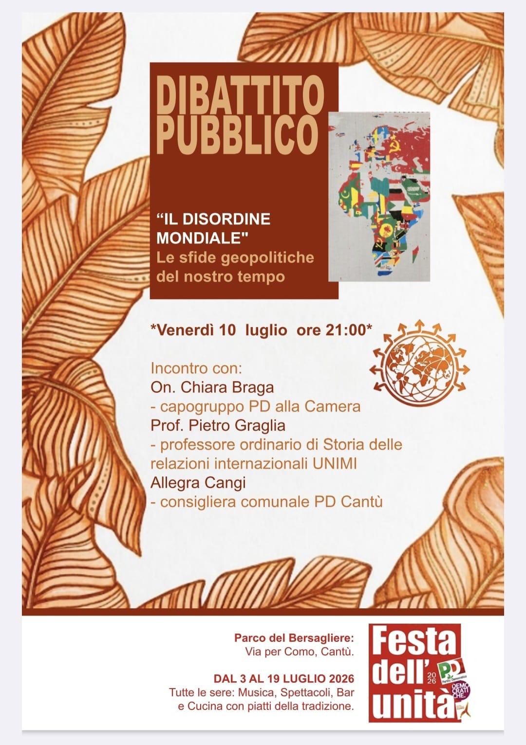 FESTA de l'UNITA' di CANTU': "IL DISORDINE MONDIALE. Le sfide geopolitiche del nostro tempo | ore 21:00 | Parco del Bersagliere, via Como |  CANTU' @ Cantù | Lombardia | Italia