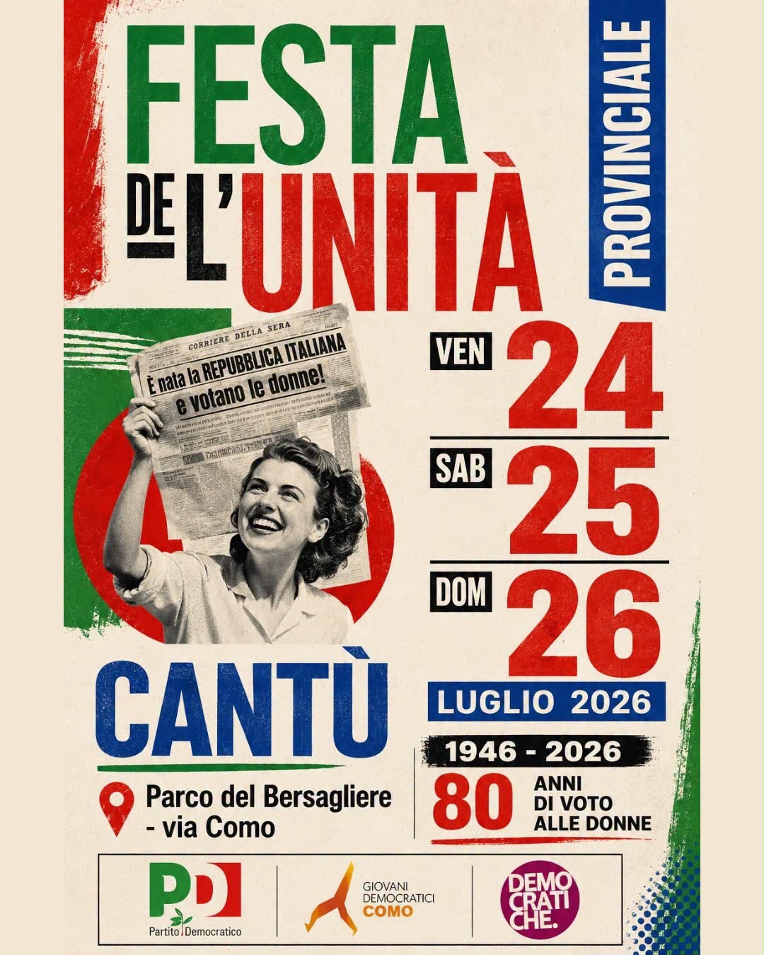 FESTA de l'UNITA' PROVINCIALE COMO | Ven 24 - Sab 25 - Dom 26 |  ore 18:00-12:00 | Parco del Bersagliere, via Como | CANTU' @ Parco del Bersagliere | Cantù | Lombardia | Italia