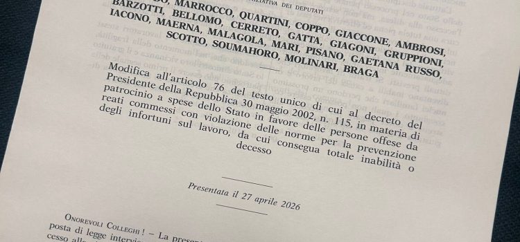 LAVORO: “Approvato il gratuito patrocinio per le famiglie delle vittime sul lavoro”